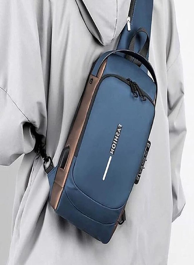 Topinon Waterproof Polyester Slim Unisex Crossbody Sling Bag Chest Backpack Men's Shoulder Bag, Leisure Travel Handbag, Hard Shell Anti-Theft Chest Bag (Blue Gold) - Image 2